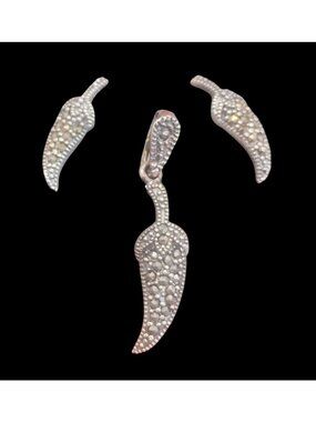925 Sterling Silver & Marcasite Chili Pepper Jewelry Set Earrings & Pendant -NEW